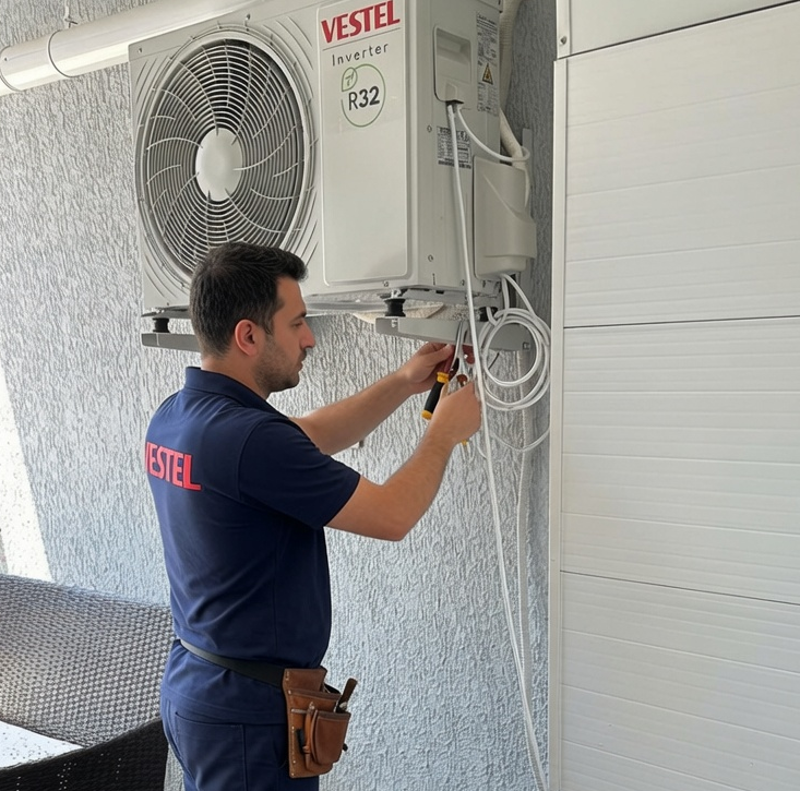 Vestel klima dış ünitesinde çalışma yapan servis personeli