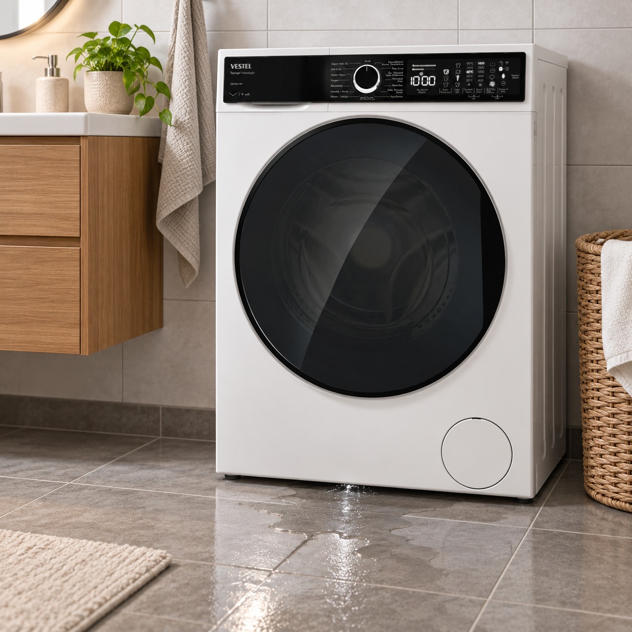 Banyoda Vestel çamaşır makinesinin altından zemine su sızması