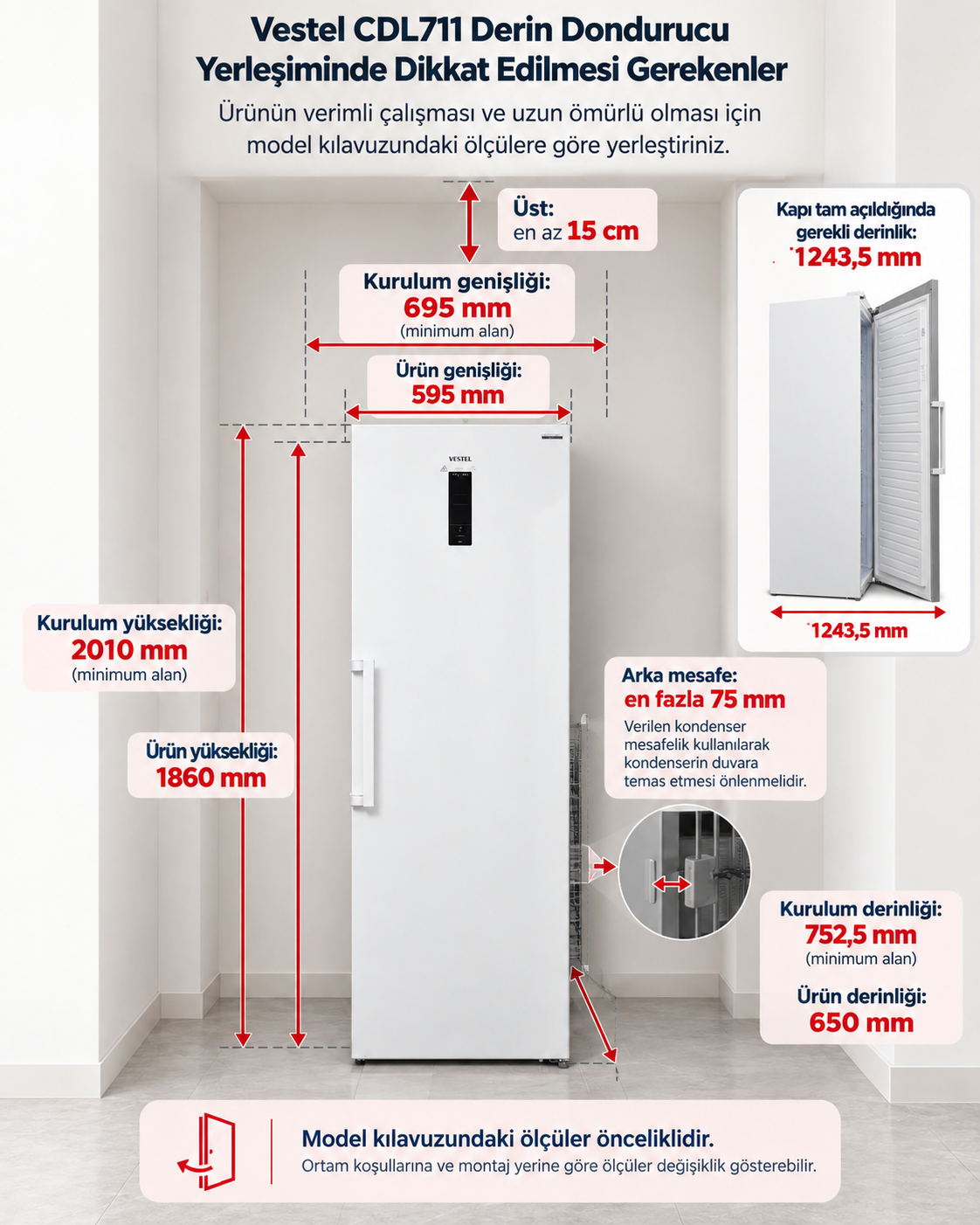Vestel CDL711 derin dondurucu kurulum boşluk ölçüleri